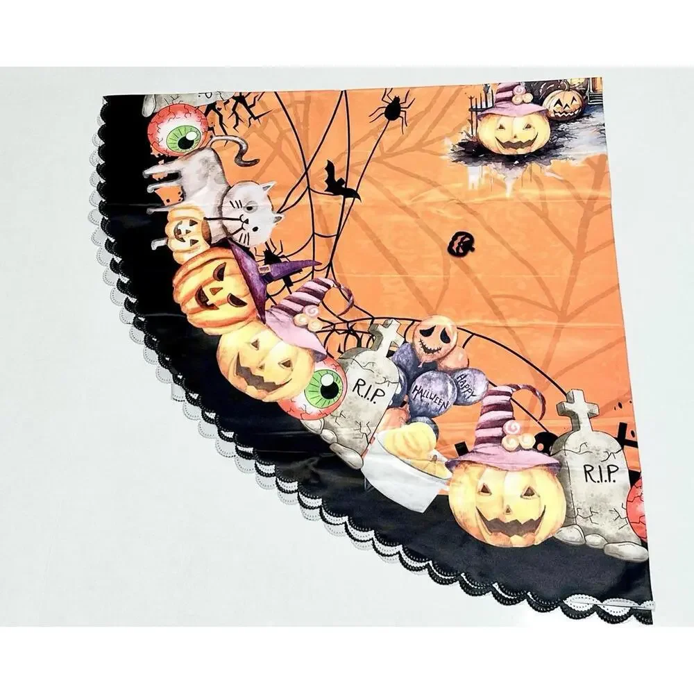 NEW Round Tablecloth Halloween Theme Orange Black Lining Pumpkins Spiders Bats